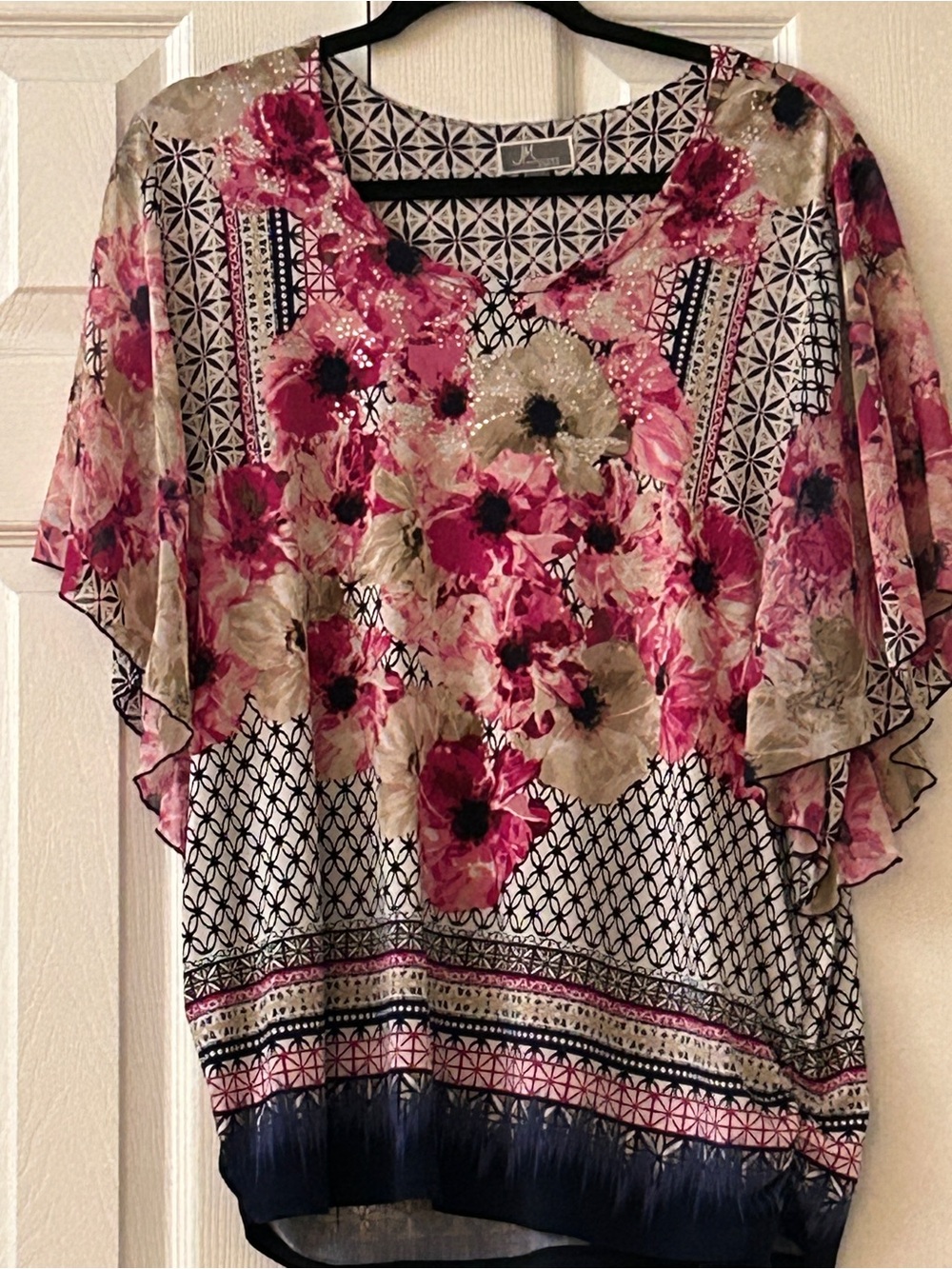 Jm collection plus 1x floral blouse butterfly sleeve mesh overlay pink